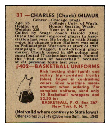 1948 Bowman Basketball #031 Chuck Gilmur Stags EX-MT 507272
