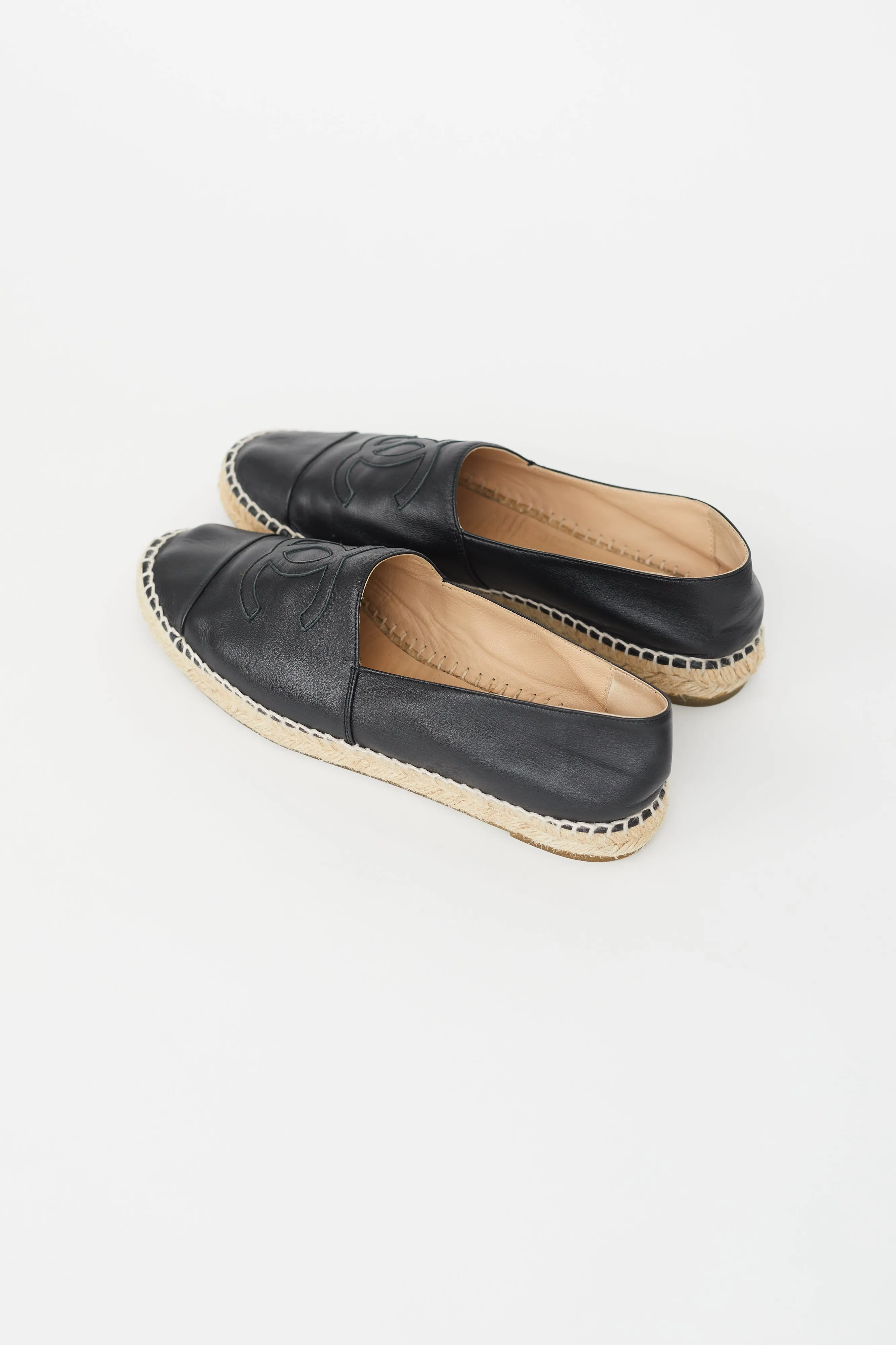 Black Leather Logo Espadrille Flat