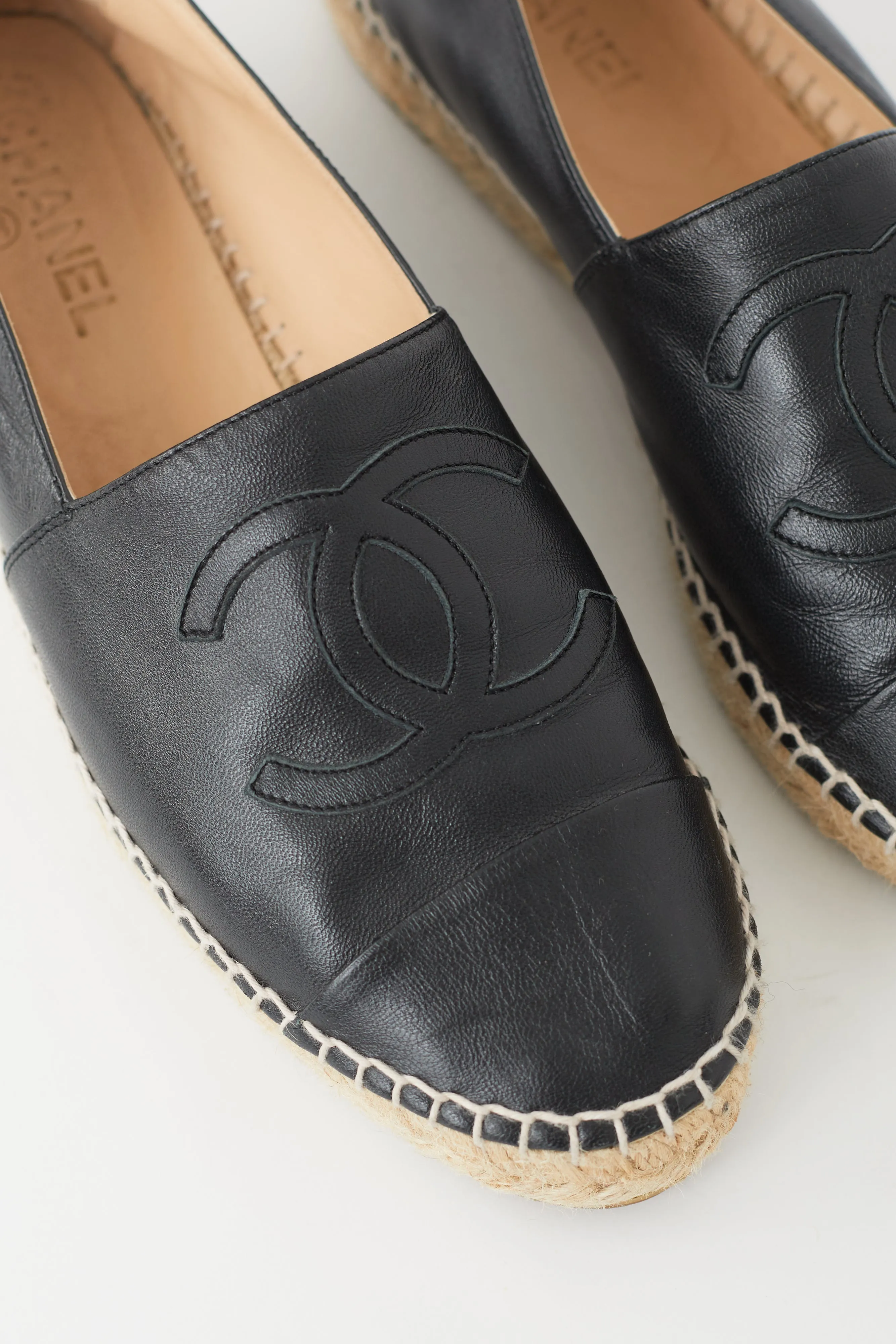 Black Leather Logo Espadrille Flat