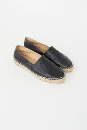 Black Leather Logo Espadrille Flat