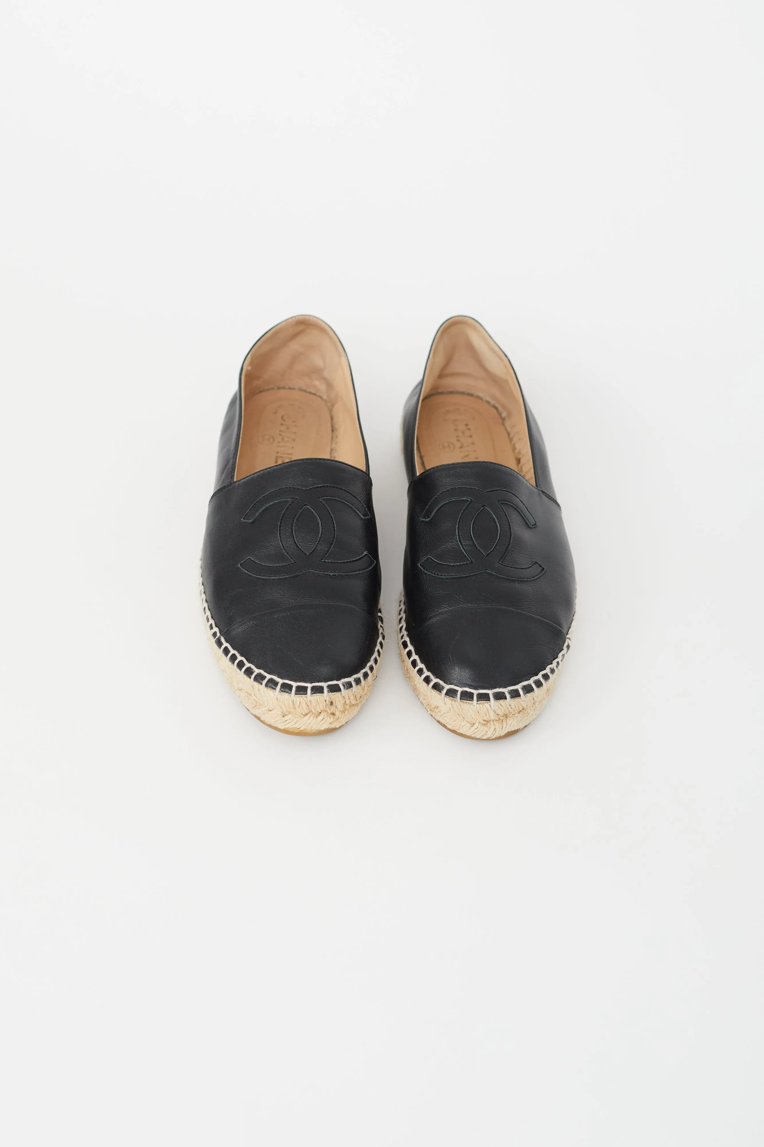 Black Leather Logo Espadrille Flat