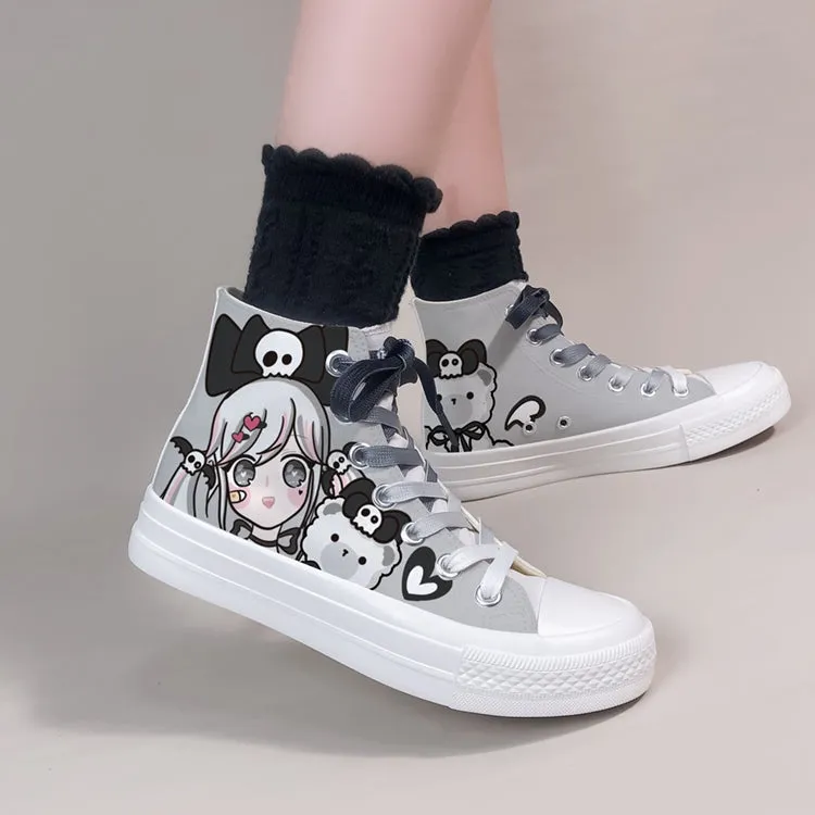 Dark Cartoon Loli Print High-Top Canvas Shoes
