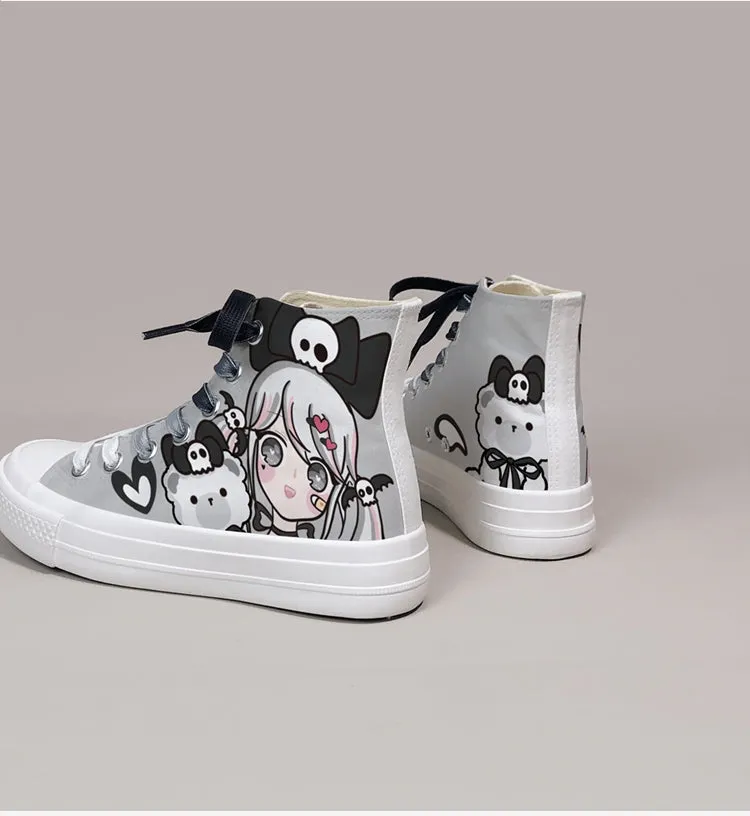 Dark Cartoon Loli Print High-Top Canvas Shoes