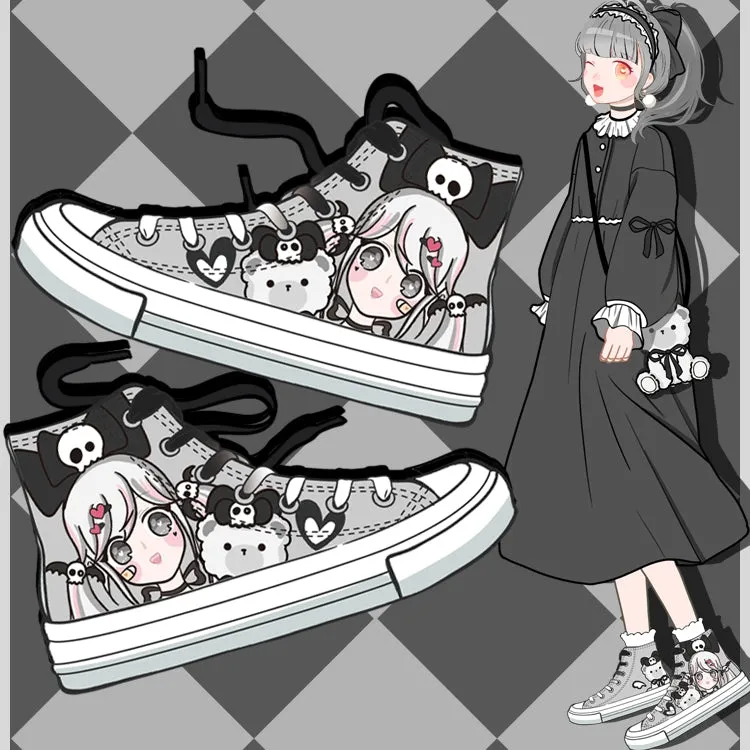 Dark Cartoon Loli Print High-Top Canvas Shoes