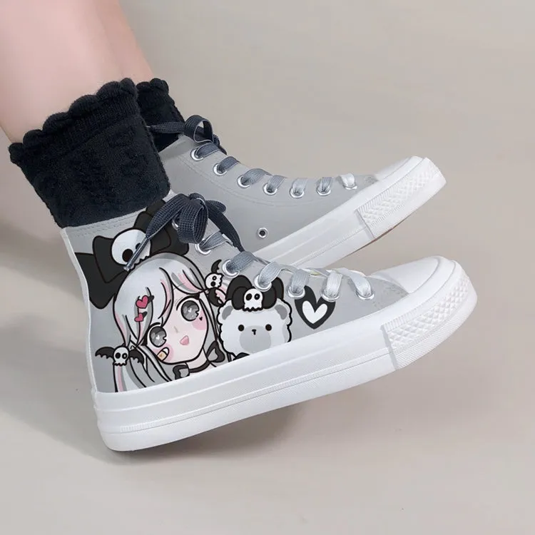 Dark Cartoon Loli Print High-Top Canvas Shoes