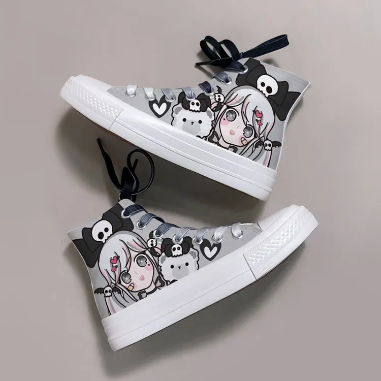 Dark Cartoon Loli Print High-Top Canvas Shoes