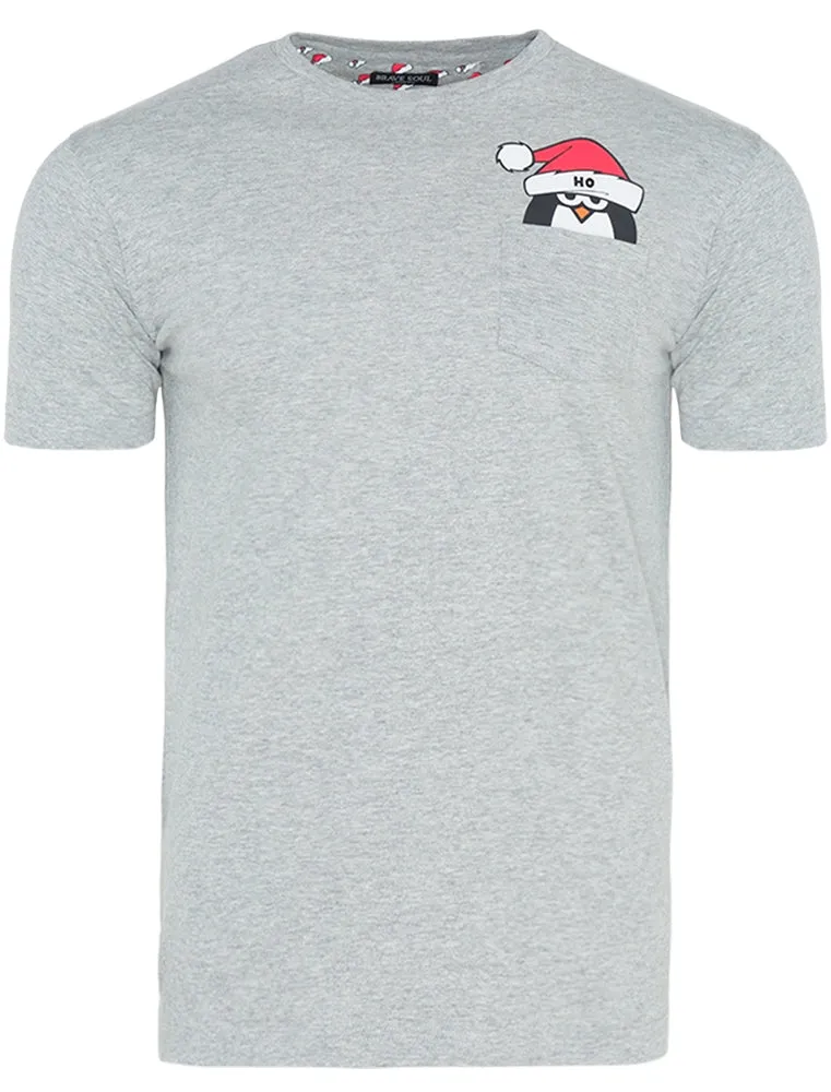 Merry Penguin Novelty Christmas T-Shirt with Chest Pocket In Light Grey Marl