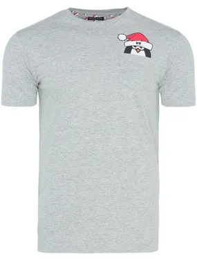 Merry Penguin Novelty Christmas T-Shirt with Chest Pocket In Light Grey Marl